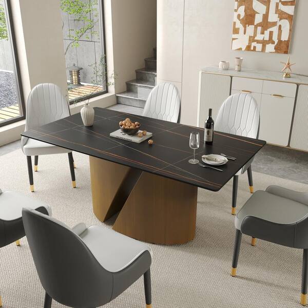 J&E Home Black Rectangle Marble Top 63 in. Pedestal Dining Table Seats