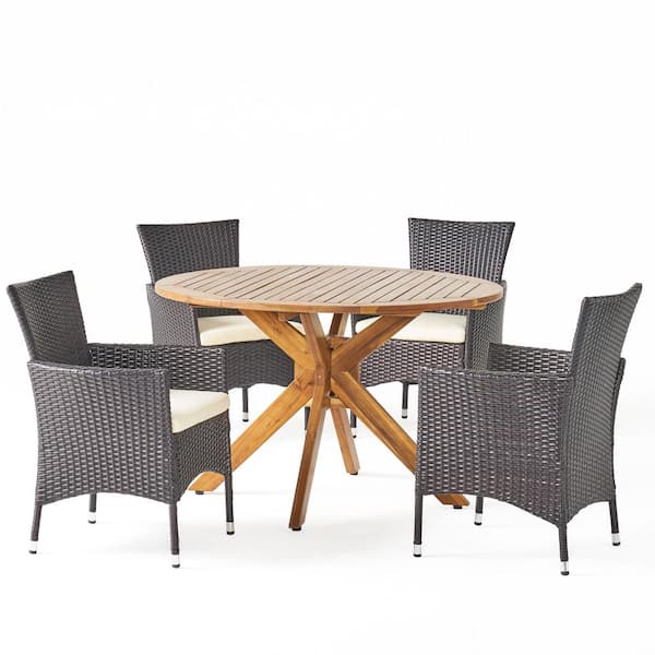Noble House Annabella 5-Piece Wood and Faux Rattan Circular Outdoor Dining Set with Beige Cushion