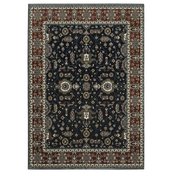 Victoria Navy/Red 4 ft. x 6 ft. Vintage Oriental Traditions Polyester Fringed-Edge Indoor Area Rug