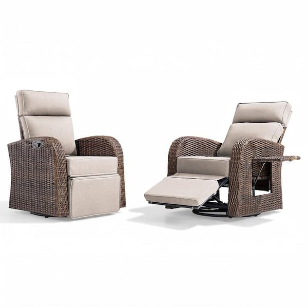2-Piece PE Rattan Wicker Swivel Outdoor Recliner Lounge Chair Adjustable Backrest with Beige Cushions