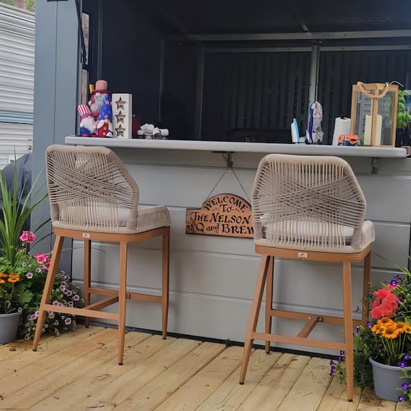 Modern Aluminum Twill Wicker Woven Counter Height Outdoor Bar Stool with Back and Cushion (2-Pack)