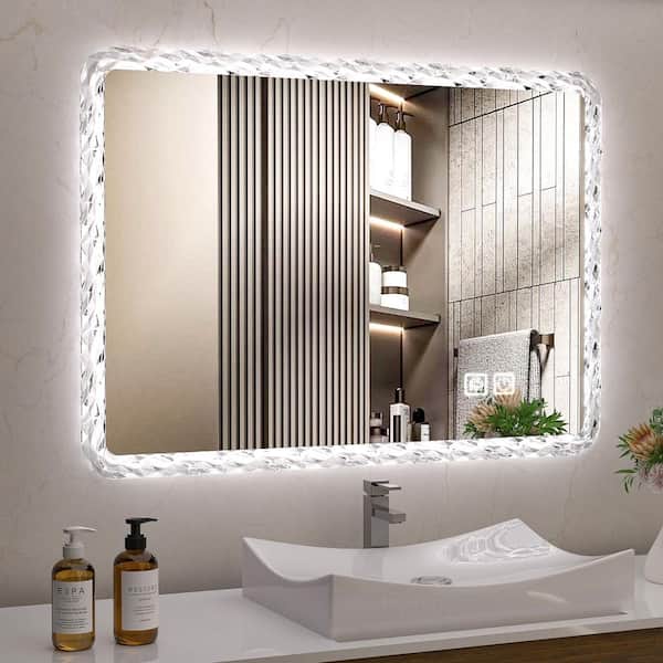 FAMYYT 39 in. W x 25 in. H Rectangular Crystal Framed LED Light Vertical/Horizontal Wall Bathroom Vanity Mirror