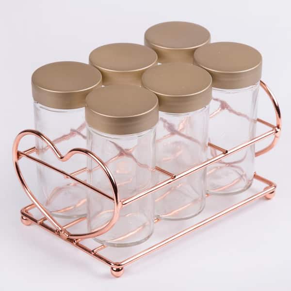 MyGift Metal Spice Container Rack with 6 Glass Jars with Lid 6-oz Jars