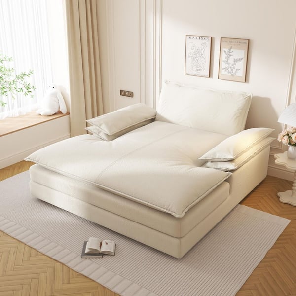 Modern Oversized Beige Chenille Upholstered Double Chaise Lounge Chair, Sleeper Sofa Bed