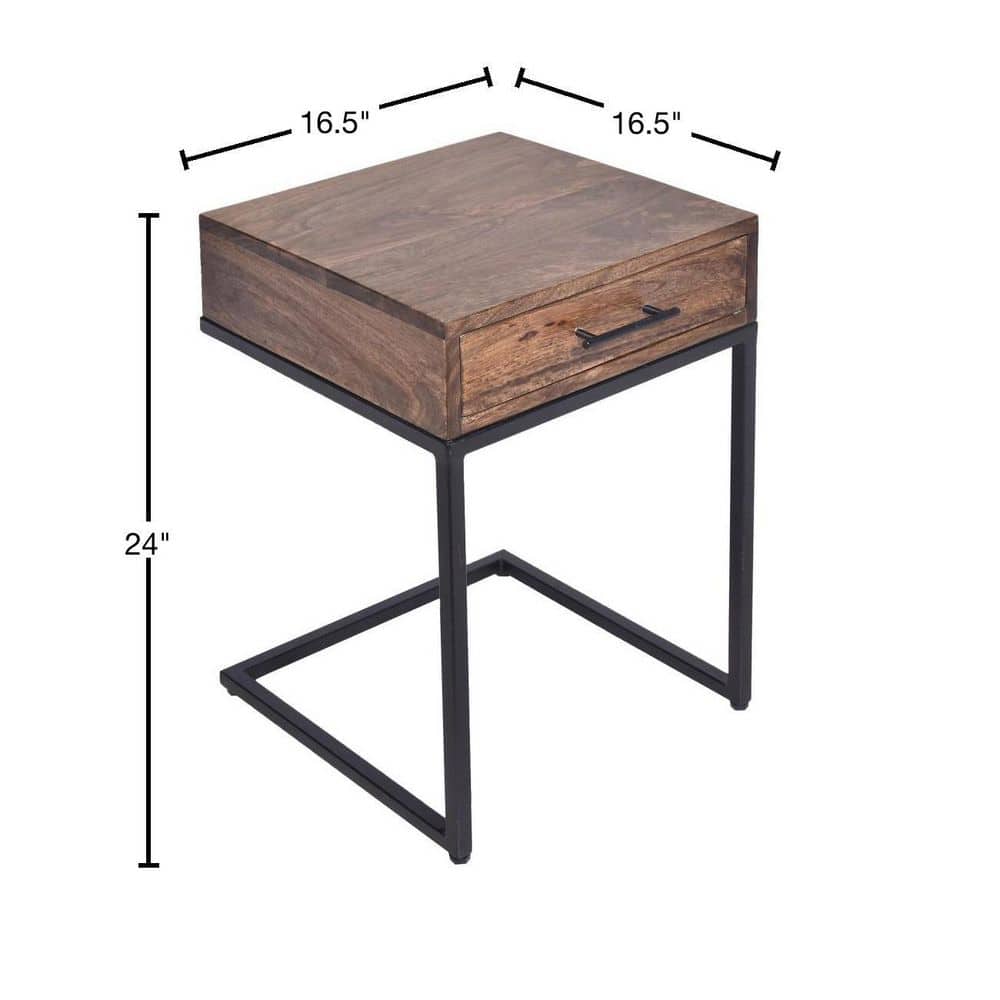 Brown Mango Wood Side Table with Black Iron Base and Drawer