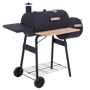 48 in Steel Portable Backyard Charcoal BBQ Grill and Offset Smoker Combo in Black with Wheels
