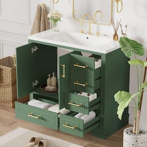 36 in. W x 18 in. D x 34 in. H Single Sink Freestanding Bath Vanity in Green with White Resin Top and 4 Drawer