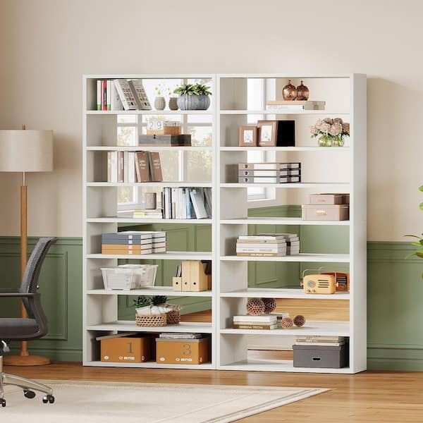 BYBLIGHT Eulas 70.87 in. Tall White Wood 9-Shelf Etagere Bookcase with Mirrored Design and Anti-Tip Brackets