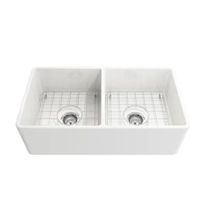 Oak Glen 33 in. Farmhouse Apron Front White Fireclay Double Bowl Kitchen Sink