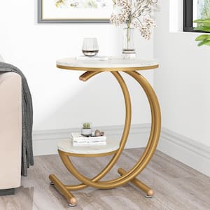 Kerlin 20 in. White Gold Wood Round Side Table, 2-Tier Modern Faux Marble End Table with Metal Frame for Living Room