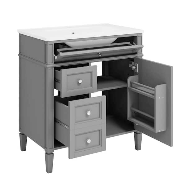 30 in. Single Sink Freestanding Gray Bath Vanity with White Ceramic Top Unassembled, 2 Drawers & 1 Tip-out Drawer