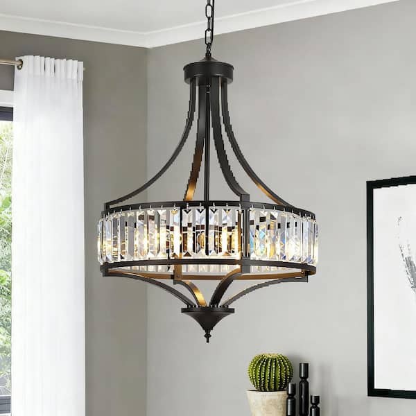 YANSUN 5-Light Matte Black Drum Chandelier with Crystal, E26