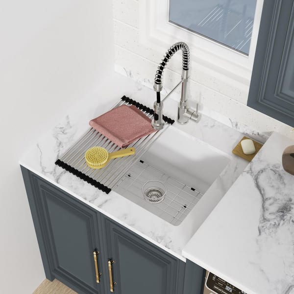 24"x18" White Undermount Utility Sink Quartz/Granite Composite Single Bowl Laundry Room Sink