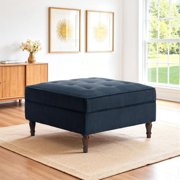 Navy Blue Corduroy Fabric Square Accent Ottoman