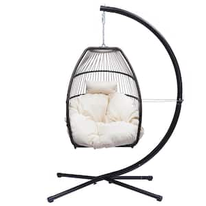 6.5 ft. Outdoor Indoor Freestanding White Rattan Swing Egg Chair Hammock With C-Shaped Bracket and Cushion