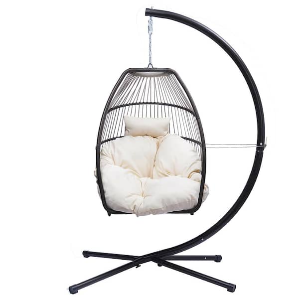 Outdoor Patio Steel Hanging Swing Egg Chair with Beige Cushion and Pillow