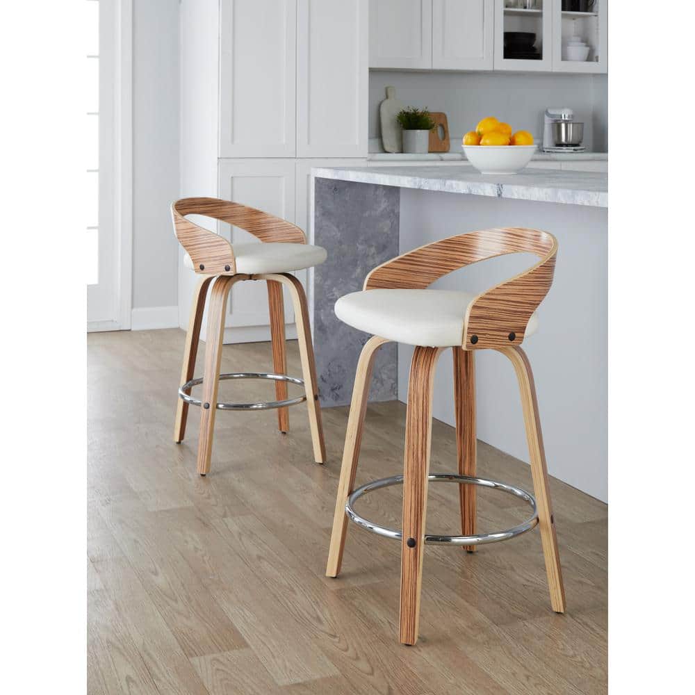 White PU and Zebra Wood Swivel Counter Stools with Chrome Footrest