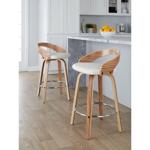 Grotto 25.25 in. White Faux Leather, Zebra Wood and Chrome Metal Fixed-Height Counter Stool (Set of 2)