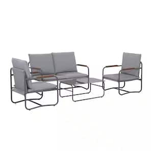 Light Gray 4-Pieces Metal Patio Conversation Set with Light Gray Cushions