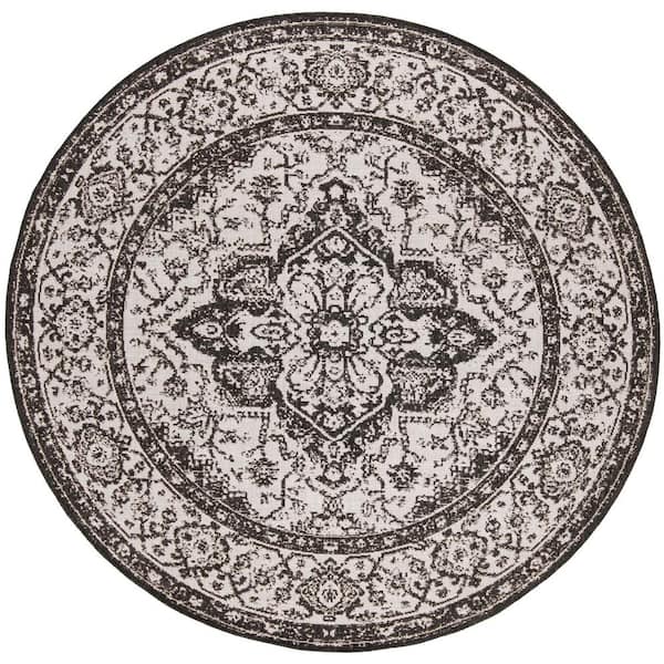 Linden Light Gray/Charcoal 4 ft. x 4 ft. Border Antique Medallion Indoor/Outdoor Round Area Rug