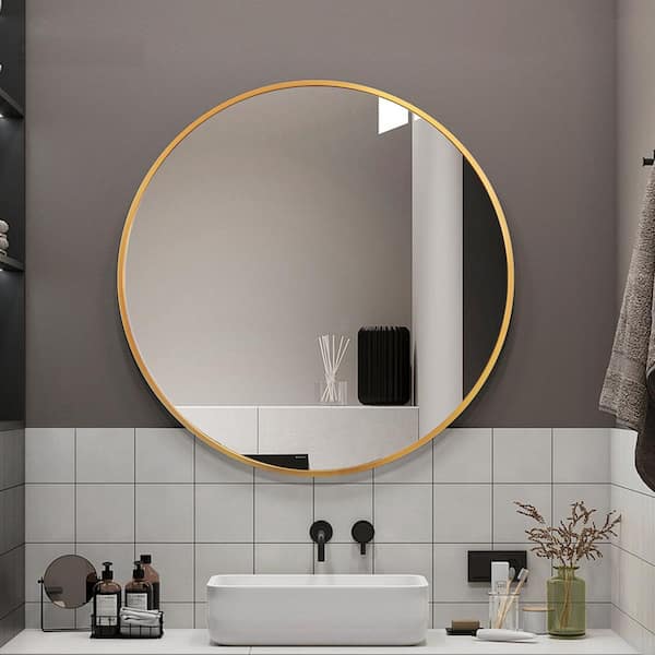 FUNKOL 28 in. W x 28 in. H Small Round Metal Framed Wall Bathroom Vanity Mirror in Gold