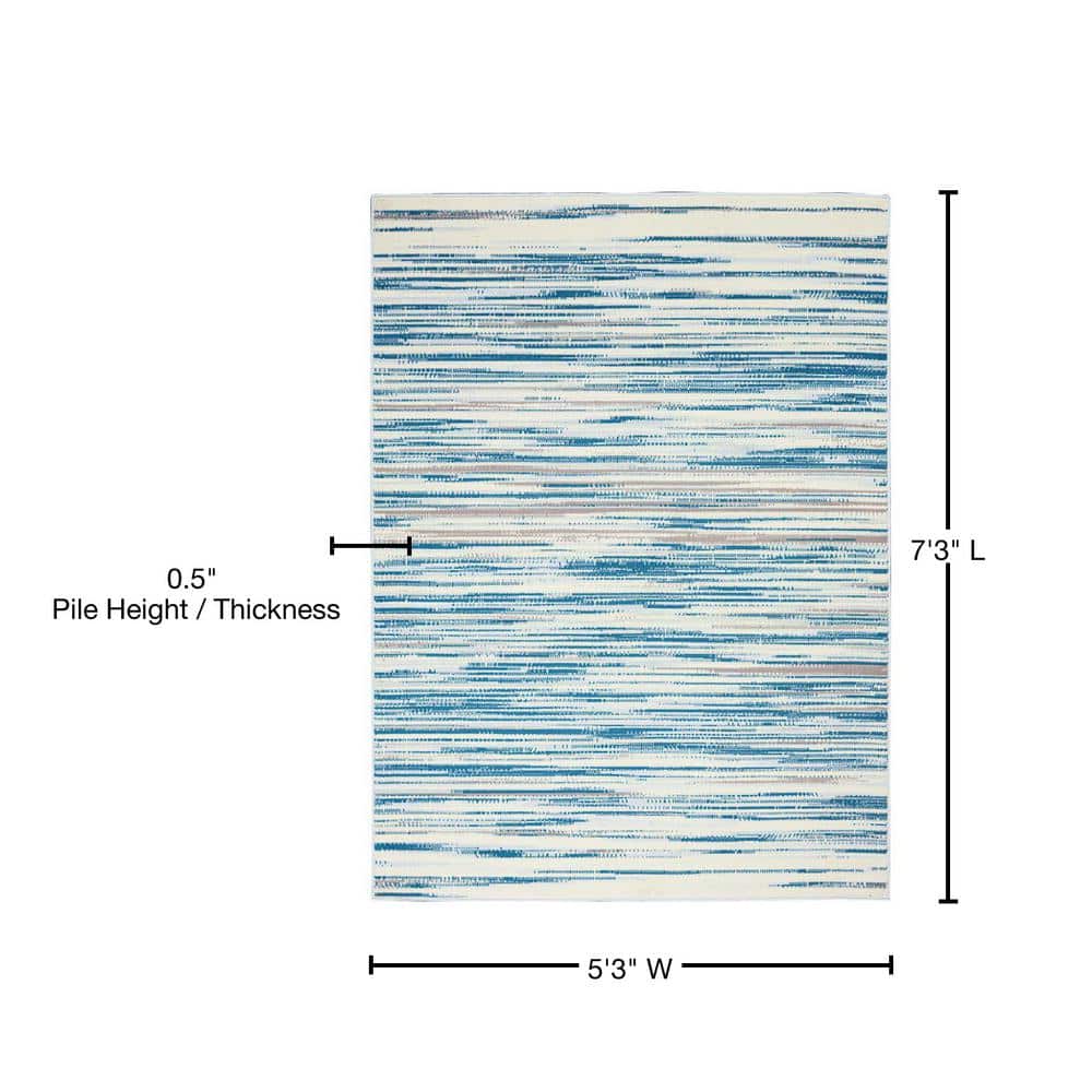 Blue and Gray Striped Synthetic 5' x 7' Area Rug