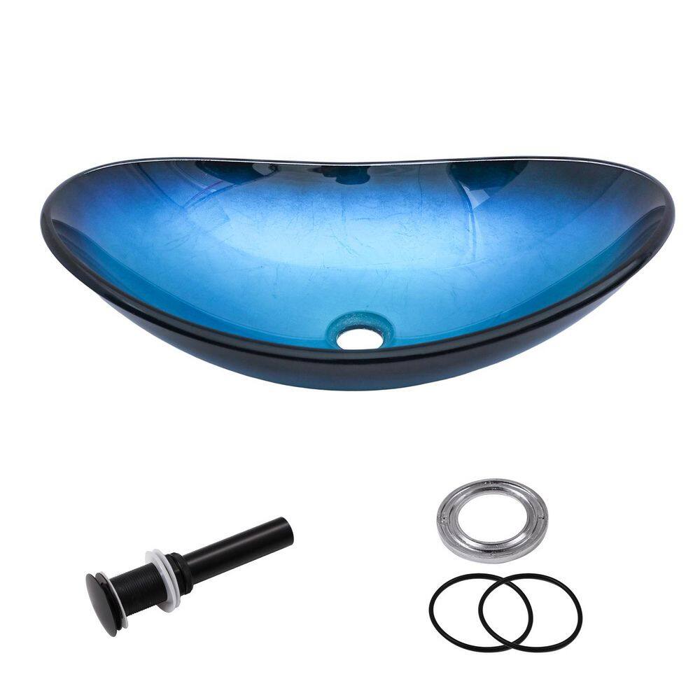 21.46 in. L x 13.78 in. H Above Countertop Oval Blue Bathroom Glass Vessel Sink Art Basin Lavatory with Black Drainer price history on PriceWatchPro