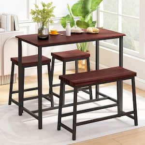 Set of 4 Dining Table Set Industrial Wood Metal Frame Table with Stools and Bench, Dark Brown