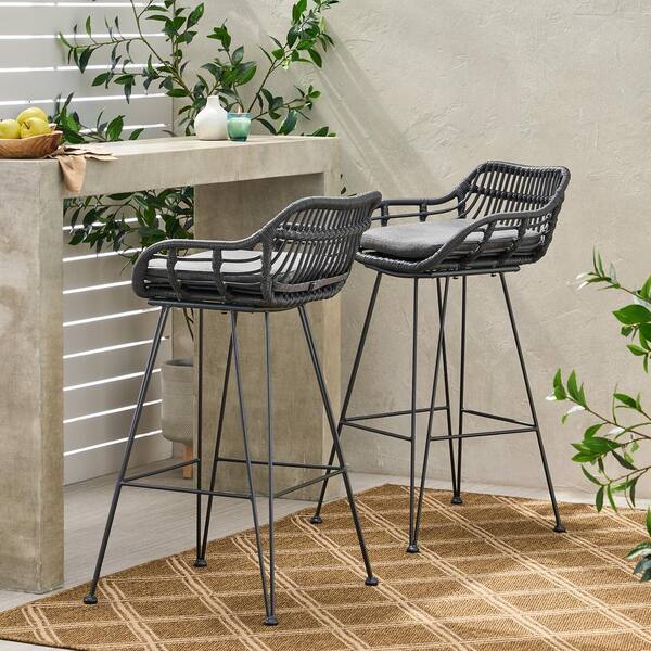 Wicker Outdoor Bar Stools with Dark Gray Cushions for Patios