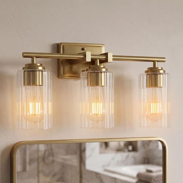 17.7 in. 3-Light Modern Brushed Gold Bathroom Vanity Light Fixture with Clear Ribbed Glass Shade Over Mirror