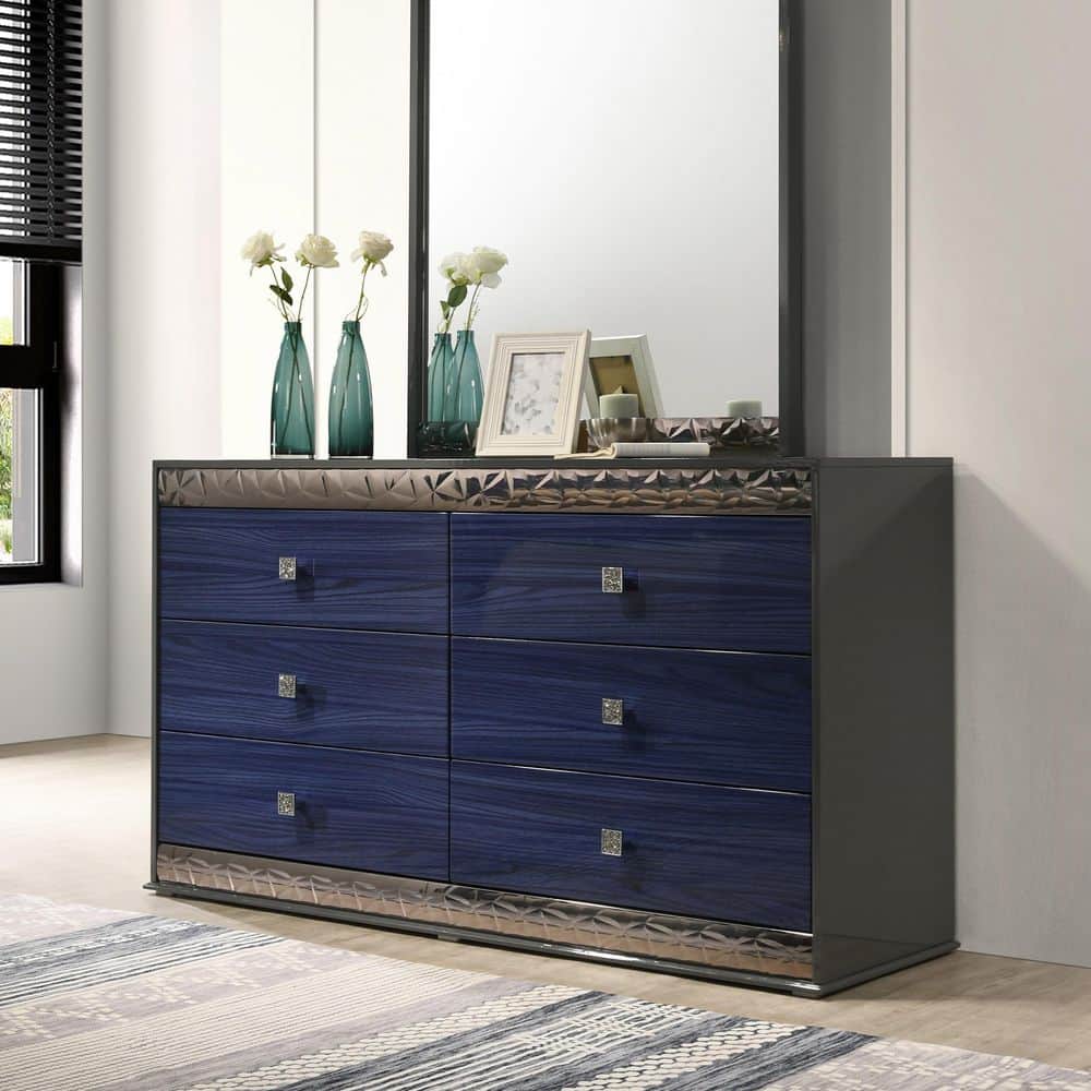 indigo blue dresser Furniture of America Kensing Adult Glam 6-Drawer Dresser, Ash Gray and 6 drawer dresser season:SS32 Quartz Asymmetrical Mini Dress Size:FR 46 Distinguished brass pulls