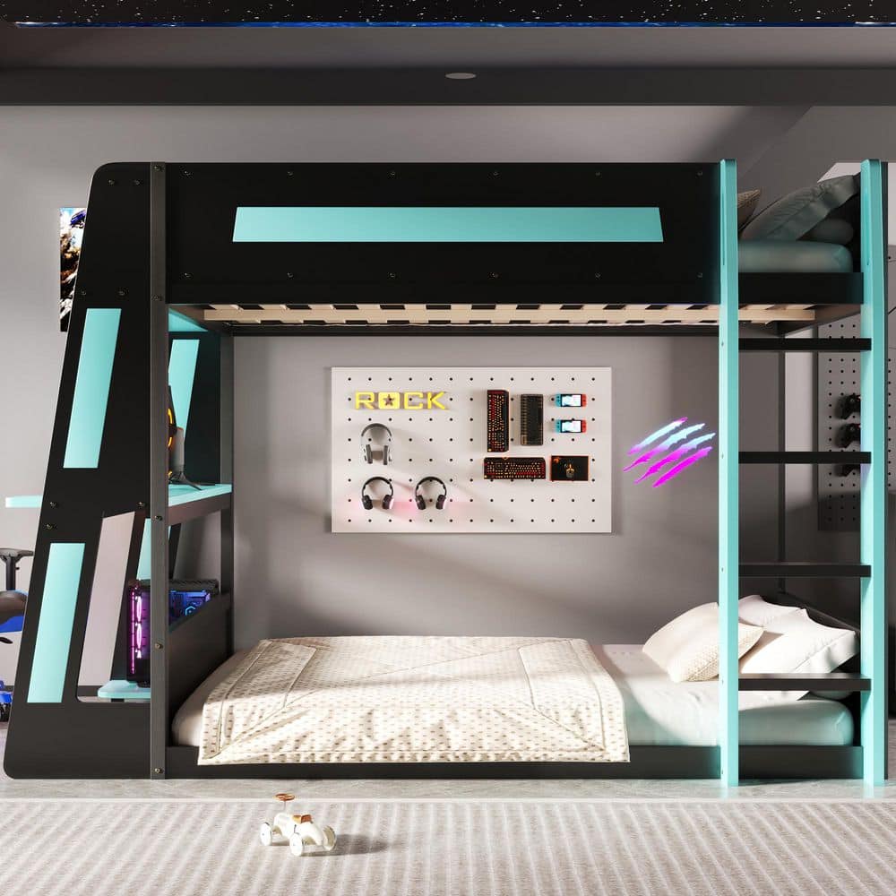 Black/Blue Full over Full Bunk Bed with Desk, Two Storage Shelves, USB and LED Light price history on PriceWatchPro
