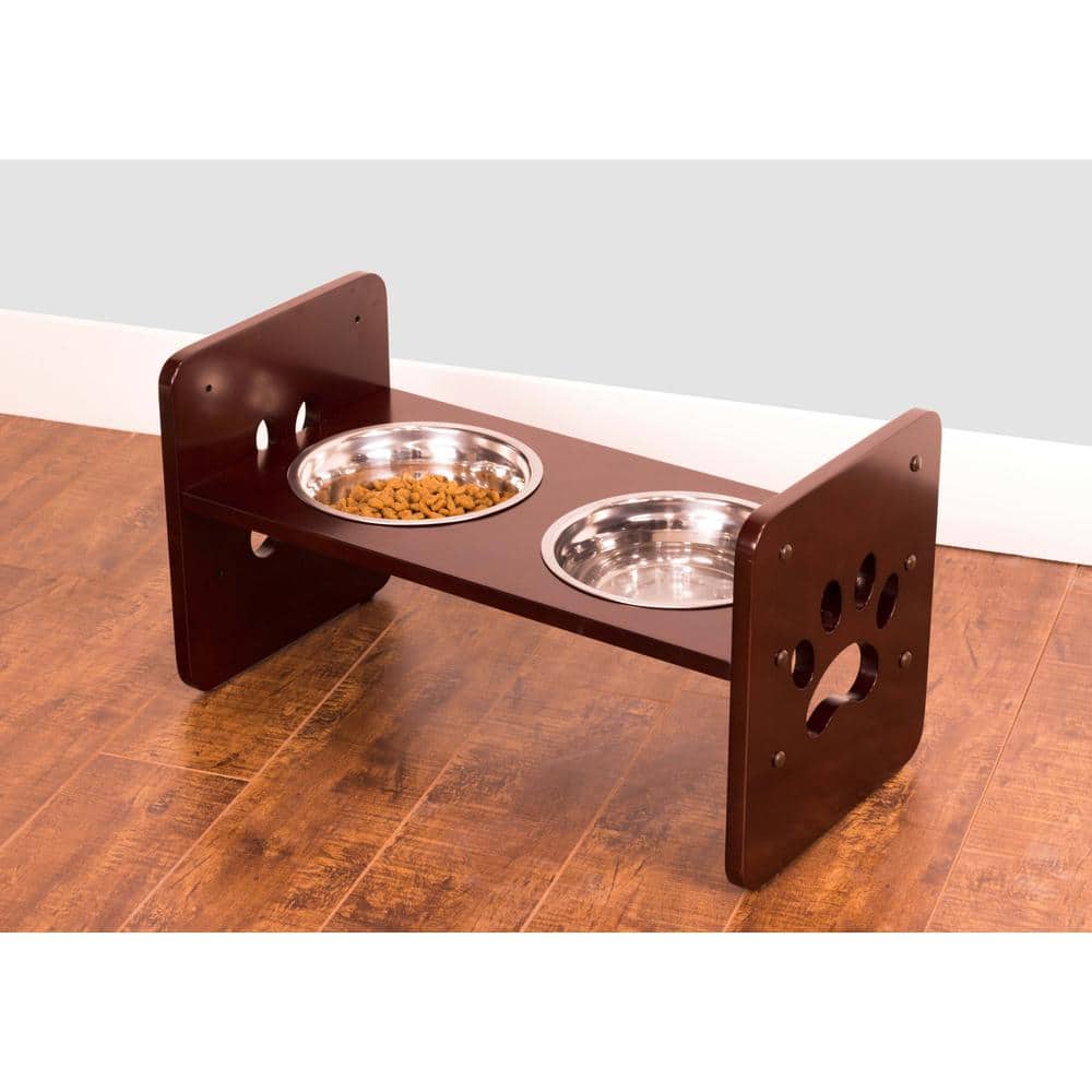 Adjustable Brown Elevated Pet Feeder with Stainless Steel Bowls