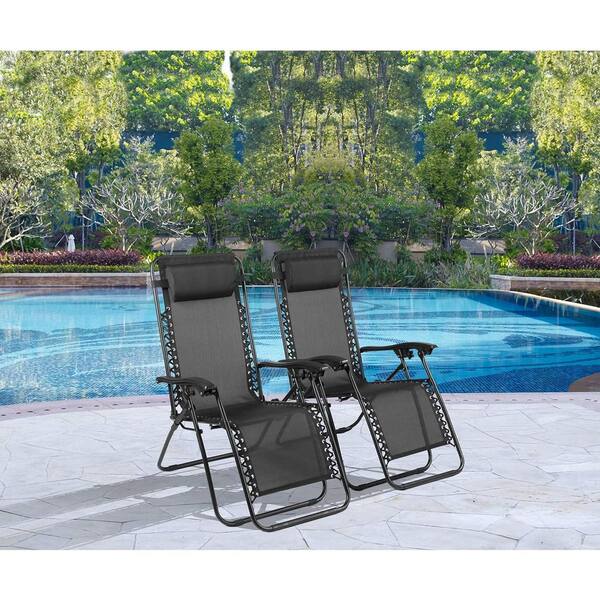 HOMESTOCK Black, Zero Gravity Chairs Outdoor Lounge Chair Anti Gravity Folding Reclining Camping Chair with Headrest (Set of 2)