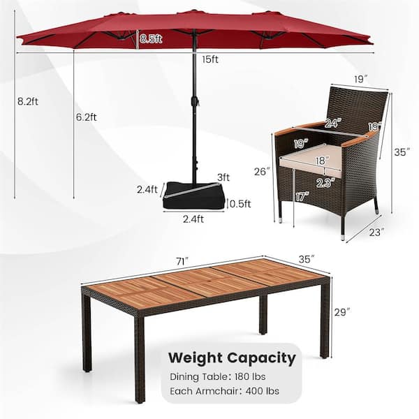 Brown 11-Piece Metal Rectangle 29 in. Outdoor Dining Set with 15 ft. Wine Double-Sided Patio Umbrella in Beige Cushion