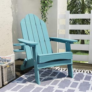 Foldable Plastic Outdoor Patio Adirondack Chair with Cup Holder For Garden/Backyard/Firepit/Pool/Beach-Lake Blue