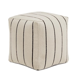 Ivory and Black Stripe Pattern Fabric Upholstered Square Pouf Ottoman