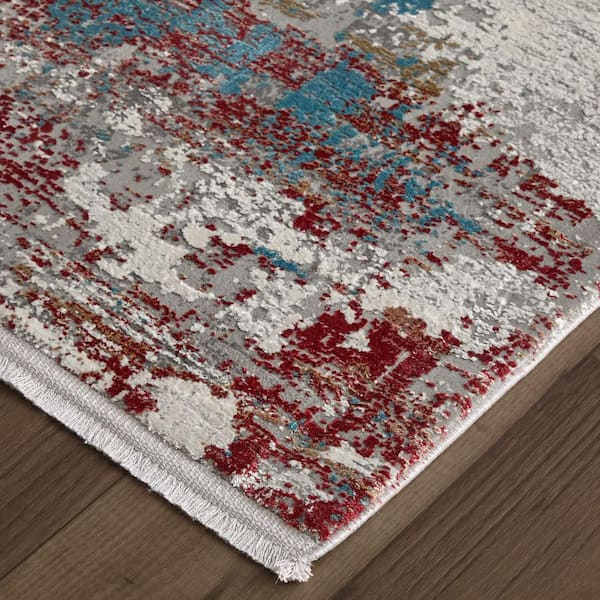 3 X 10 Gray, Blue, Red Abstract Runner Rug