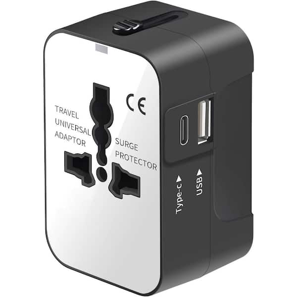 2.3 Amp Universal Travel Plug Adapter ith Dual USB Charging Ports (1 USB C) in Black and White
