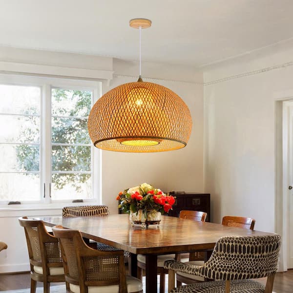 1-Light Double Layer Brown Bamboo Pendant Handmade Woven Hanging Ceiling Light