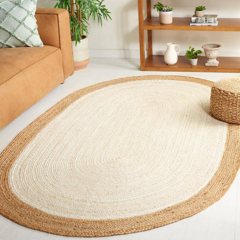 Ivory and Natural Oval Braided Jute Rug 4' x 6'