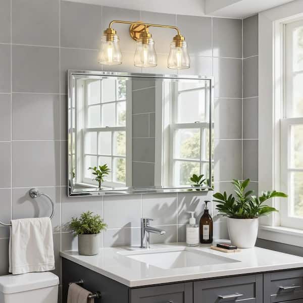 22 in. 3-Light Gold Vanity Lights for Mirror, Farmhouse Bathroom Vanity Lighting with Clear Glass Shades