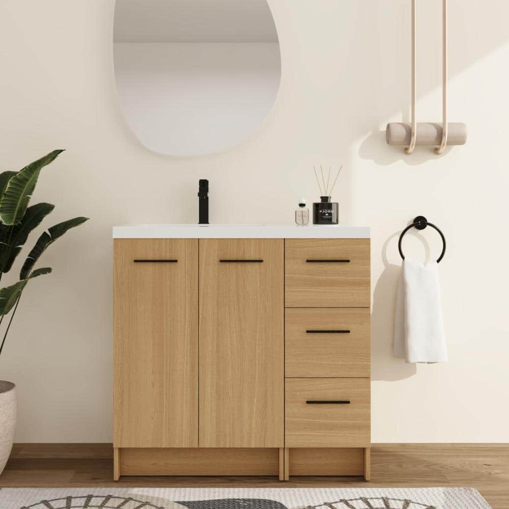 35.43 in. W x 18.11 in. D x 35.24 in. H Freestanding Bath Vanity in Light Oak with White Resin Vanity Top price history on PriceWatchPro