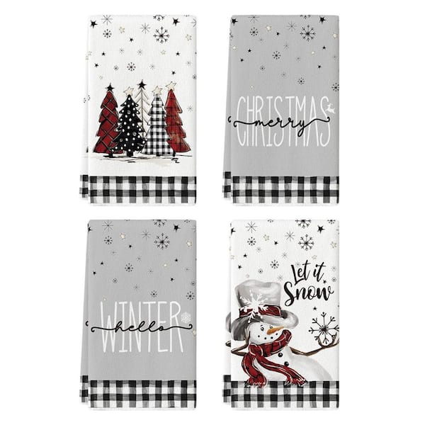 Black and White Buffalo Plaid Snowman Christmas Kitchen Towels, Soft Absorbent Dish Towels for Winter Decor (Set of 4)