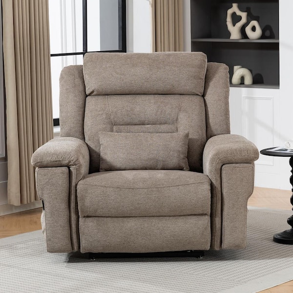Flagship Dual Motor 28"W Oversized Camel Chenille Power Lift Recliner Chair w/Hidden Cup Holder and Wireless Charging