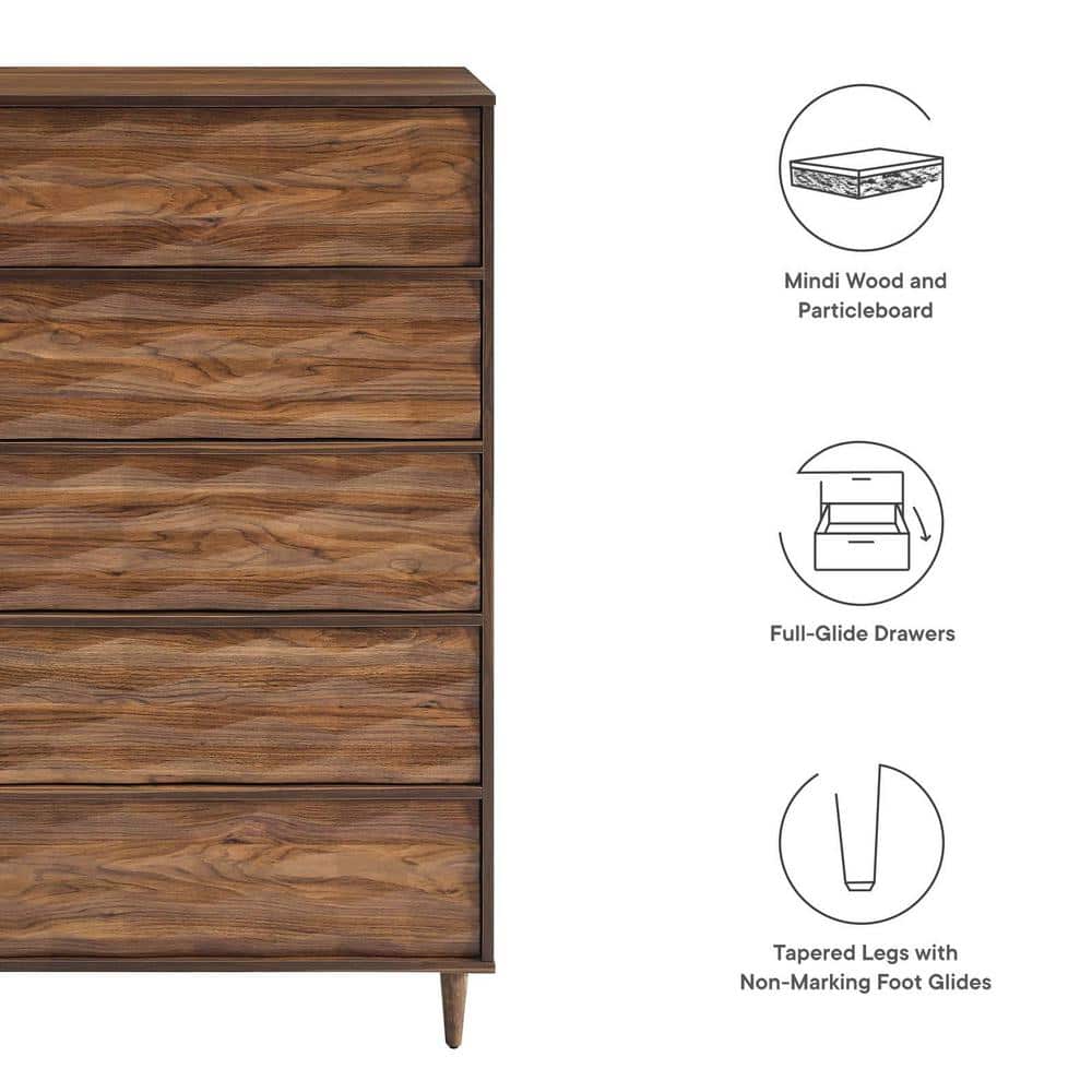 Walnut 5-Drawer Chest with Grooved Wave Design
