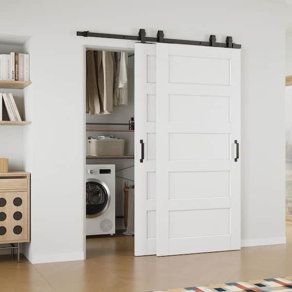 ARK DESIGN 64 in. x 80 in. (Double 36 in.) Paneled 5-Lite White Primed Solid Core MDF Sliding Barn Door with Hardware Kit Bypass