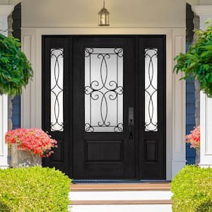 Regency 64 in. x 80 in. 3/4Lite Georgian Decorative Glass RHOS Onyx Mahogany Fiberglass Prehung Front Door w/Dbl12in.SL