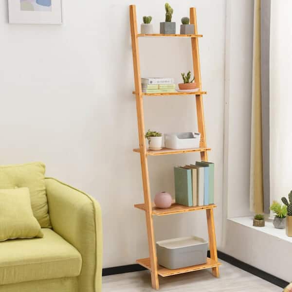 Gymax 65 in. 5-Tier Natural Ladder Shelf Modern Bamboo Leaning