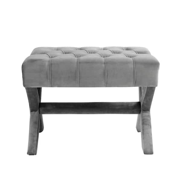 Inspired Home Charlize Light Grey Velvet Button Tufted Silver Nailhead Trim X-Leg Ottoman